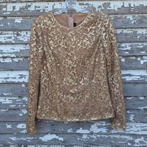 🌟 CARMEN MARC VALVO Gold Metallic Open Weave sequin Blouse